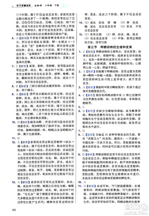 天津教育出版社2025年春学习质量监测八年级生物下册人教版答案