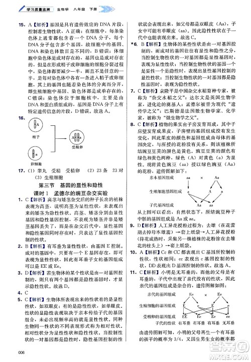 天津教育出版社2025年春学习质量监测八年级生物下册人教版答案