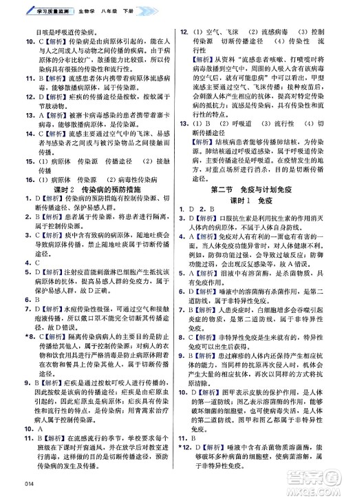 天津教育出版社2025年春学习质量监测八年级生物下册人教版答案