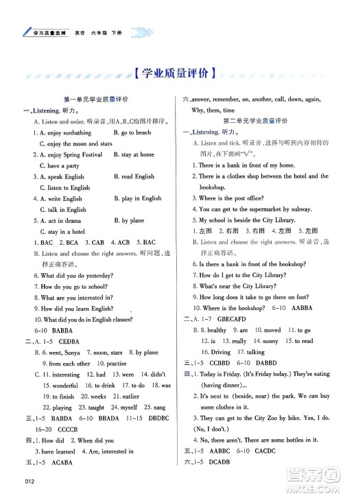天津教育出版社2025年春学习质量监测六年级英语下册人教版答案 天津教育出版社2025年春学习质量监测六年级英语下册人教版答案