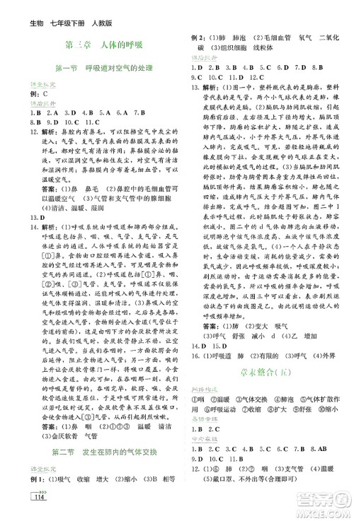 湖南教育出版社2025年春学法大视野七年级生物下册人教版答案