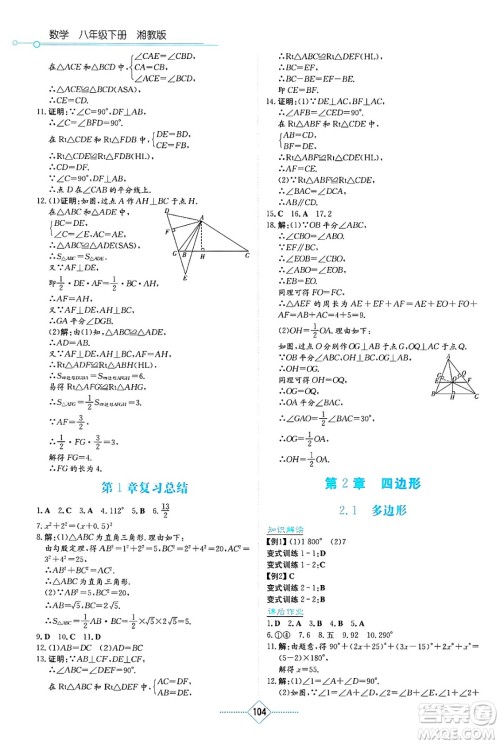 湖南教育出版社2025年春学法大视野八年级数学下册湘教版答案