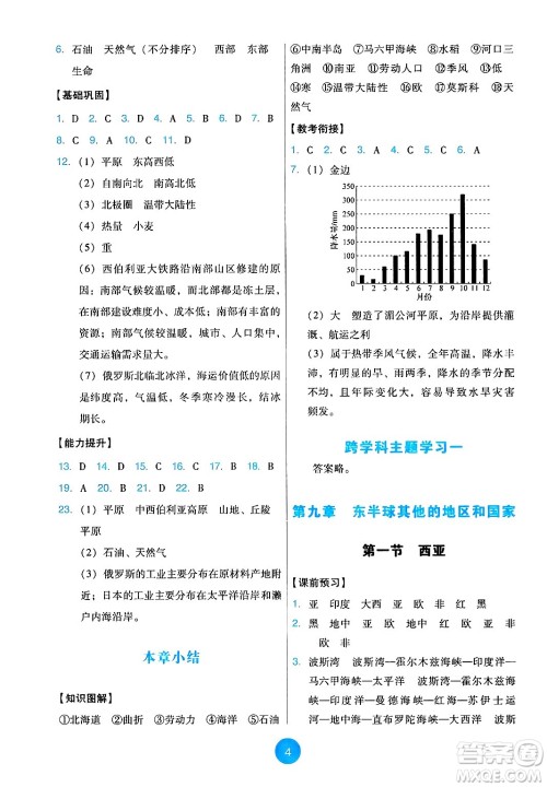 人民教育出版社2025年春能力培养与测试七年级地理下册人教版答案
