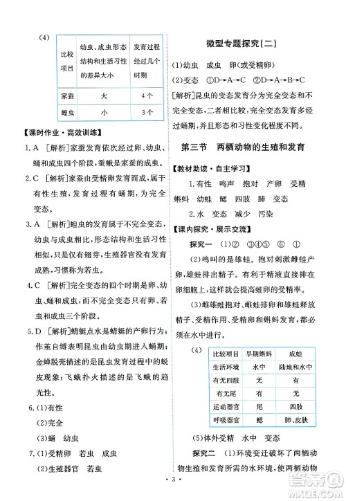 人民教育出版社2025年春能力培养与测试八年级生物下册人教版答案