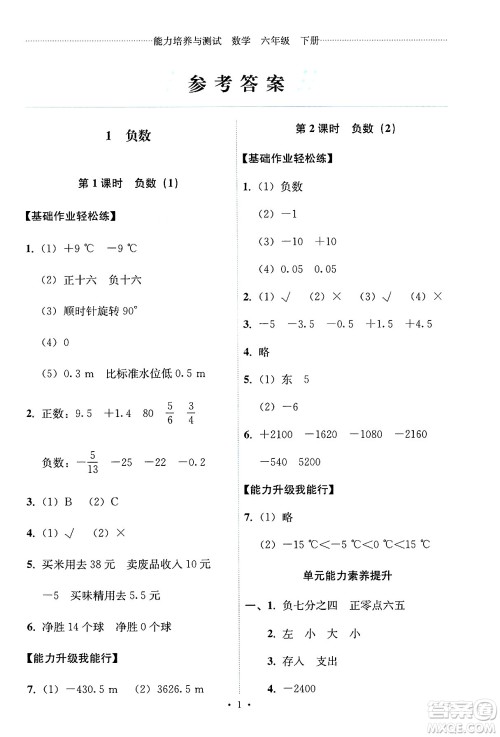 人民教育出版社2025年春能力培养与测试六年级数学下册人教版答案 人民教育出版社2025年春能力培养与测试六年级数学下册人教版答案