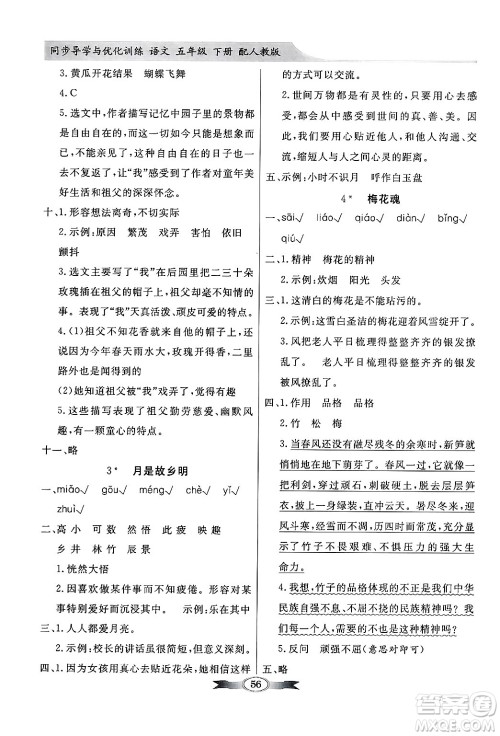 人民教育出版社2025年春百年学典同步导学与优化训练五年级语文下册人教版答案