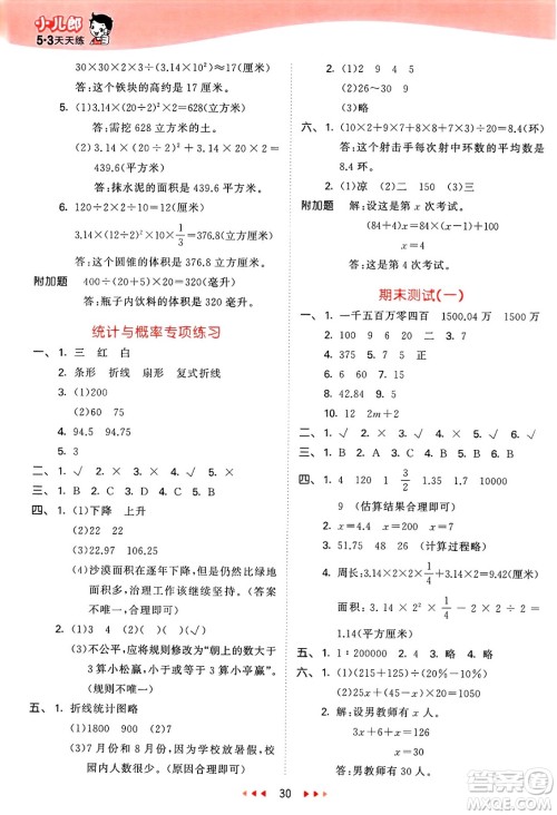 山东画报出版社2025年春53天天练六年级数学下册青岛版答案