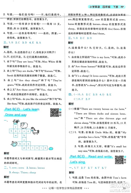 山东画报出版社2025年春53天天练四年级英语下册人教PEP版答案 山东画报出版社2025年春53天天练四年级英语下册人教PEP版答案