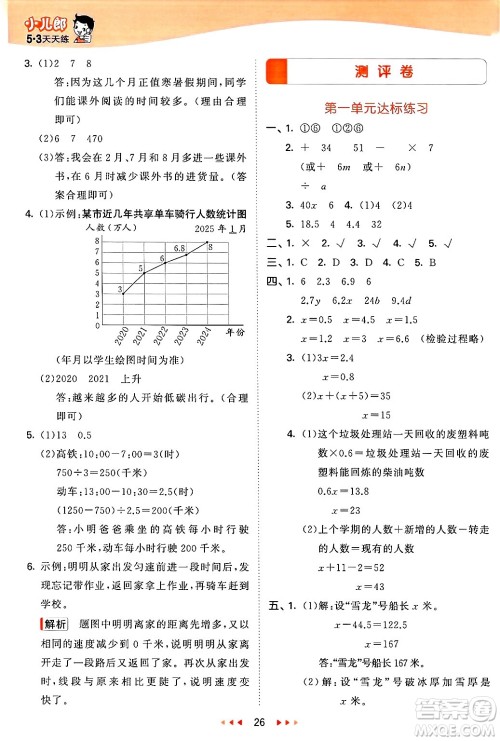 山东画报出版社2025年春53天天练四年级数学下册青岛版五四制答案