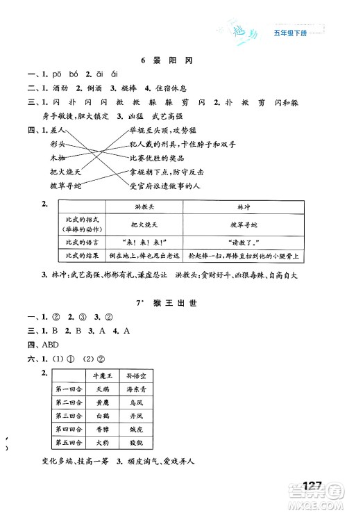 江苏凤凰教育出版社2025年春练习与测试小学语文五年级语文下册通用版答案