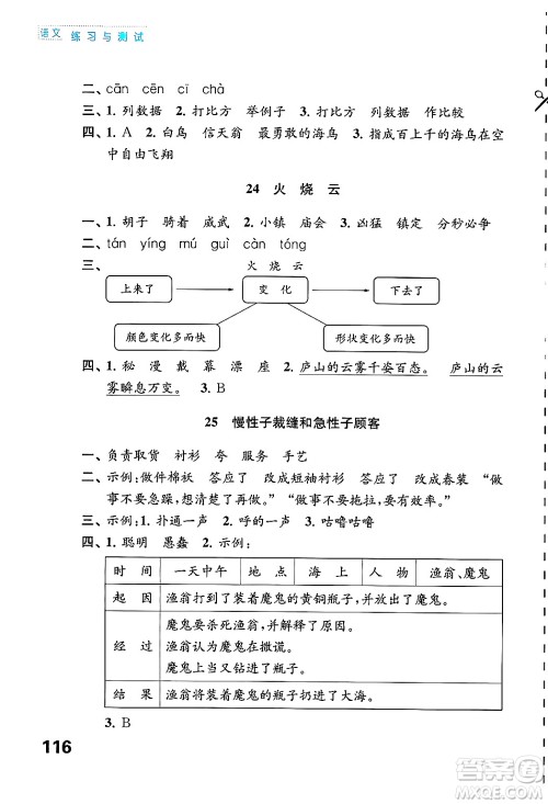 江苏凤凰教育出版社2025年春练习与测试小学语文三年级语文下册通用版答案