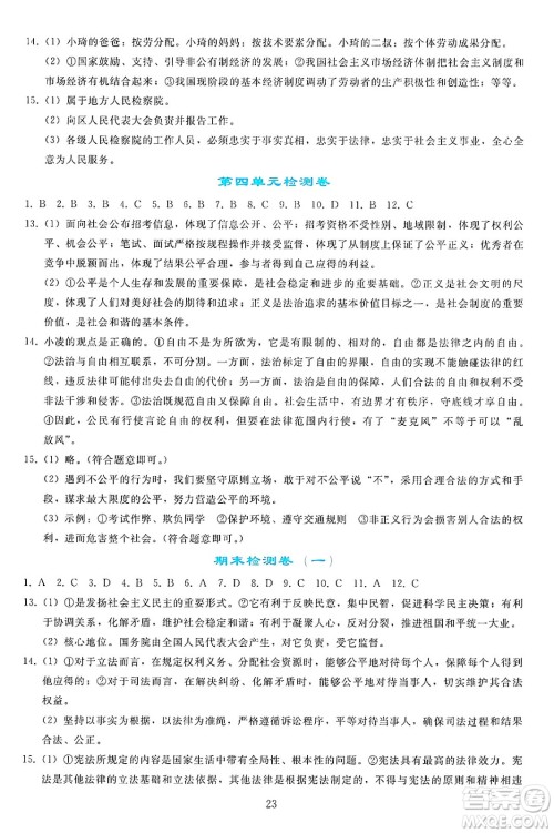 人民教育出版社2025年春同步轻松练习八年级道德与法治下册人教版答案
