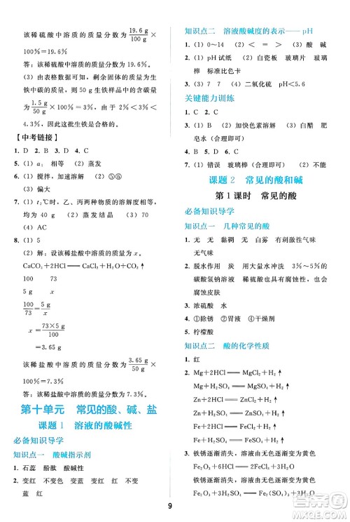 人民教育出版社2025年春同步轻松练习九年级化学下册人教版答案