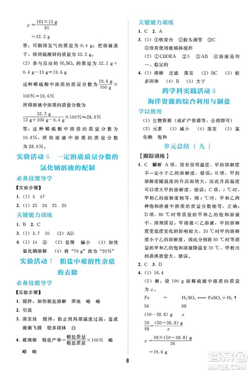 人民教育出版社2025年春同步轻松练习九年级化学下册人教版答案