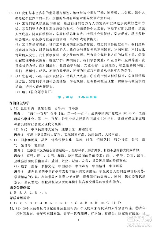 人民教育出版社2025年春同步轻松练习九年级道德与法治下册人教版答案