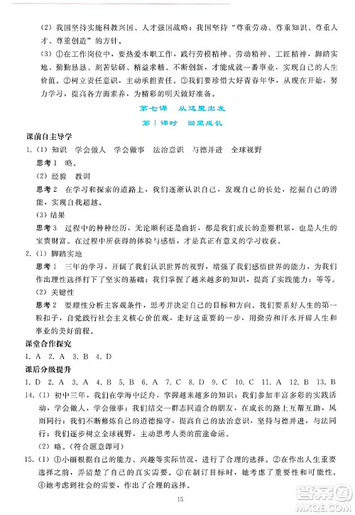人民教育出版社2025年春同步轻松练习九年级道德与法治下册人教版答案