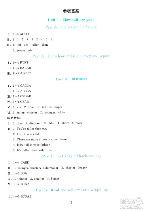 人民教育出版社2025年春同步轻松练习六年级英语下册人教PEP版答案 人民教育出版社2025年春同步轻松练习六年级英语下册人教PEP版答案
