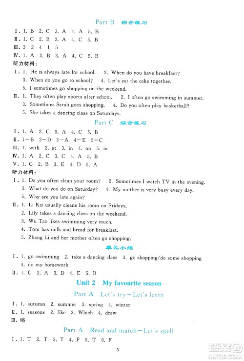 人民教育出版社2025年春同步轻松练习五年级英语下册人教PEP版答案