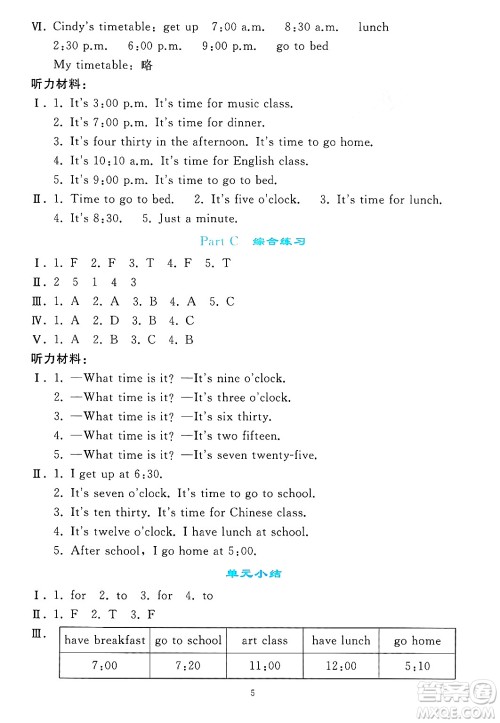 人民教育出版社2025年春同步轻松练习四年级英语下册人教PEP版答案