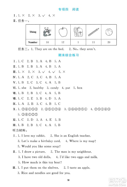 人民教育出版社2025年春同步轻松练习三年级英语下册人教PEP版答案