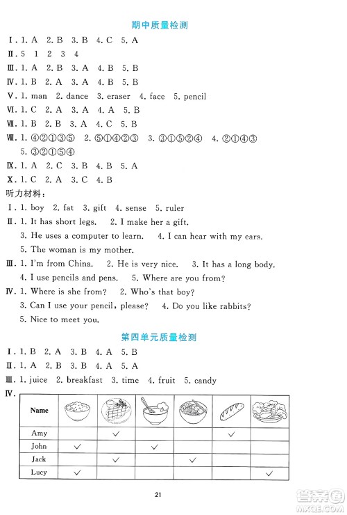人民教育出版社2025年春同步轻松练习三年级英语下册人教PEP版答案