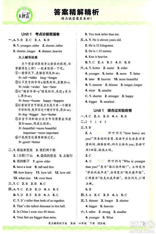 江西人民出版社2025年春王朝霞考点梳理时习卷六年级英语下册人教PEP版答案
