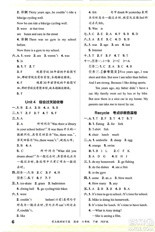 江西人民出版社2025年春王朝霞考点梳理时习卷六年级英语下册人教PEP版答案