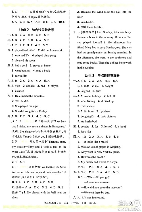 江西人民出版社2025年春王朝霞考点梳理时习卷六年级英语下册人教PEP版答案
