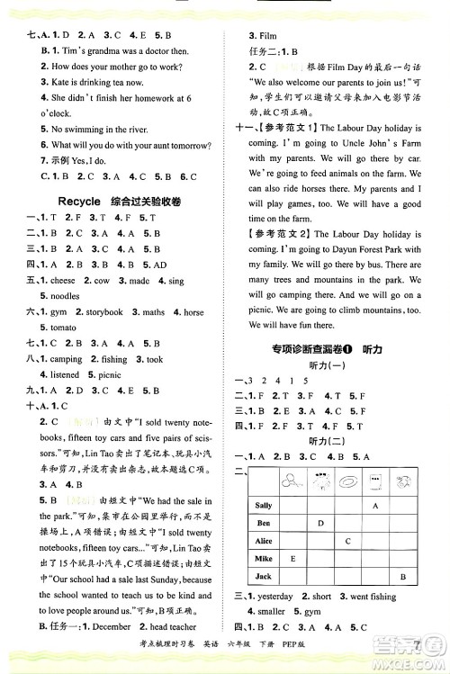 江西人民出版社2025年春王朝霞考点梳理时习卷六年级英语下册人教PEP版答案