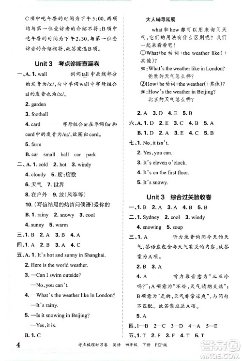 江西人民出版社2025年春王朝霞考点梳理时习卷四年级英语下册人教PEP版答案 江西人民出版社2025年春王朝霞考点梳理时习卷四年级英语下册人教PEP版答案