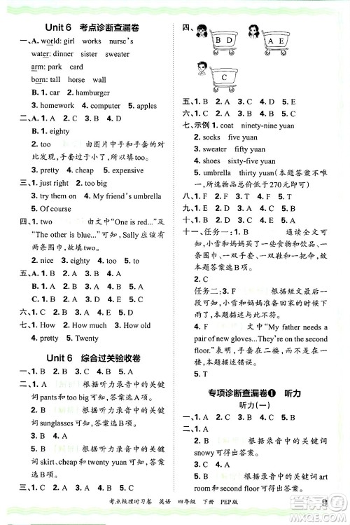 江西人民出版社2025年春王朝霞考点梳理时习卷四年级英语下册人教PEP版答案 江西人民出版社2025年春王朝霞考点梳理时习卷四年级英语下册人教PEP版答案