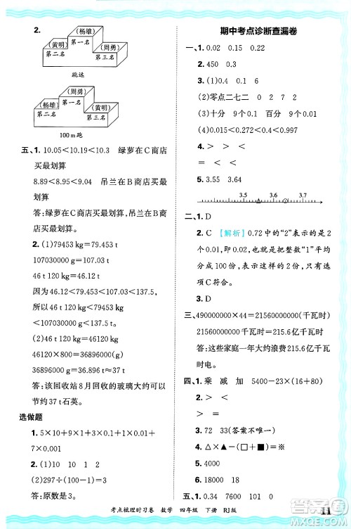 江西人民出版社2025年春王朝霞考点梳理时习卷四年级数学下册人教版答案 江西人民出版社2025年春王朝霞考点梳理时习卷四年级数学下册人教版答案
