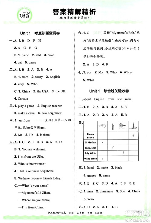 江西人民出版社2025年春王朝霞考点梳理时习卷三年级英语下册人教PEP版答案 江西人民出版社2025年春王朝霞考点梳理时习卷三年级英语下册人教PEP版答案