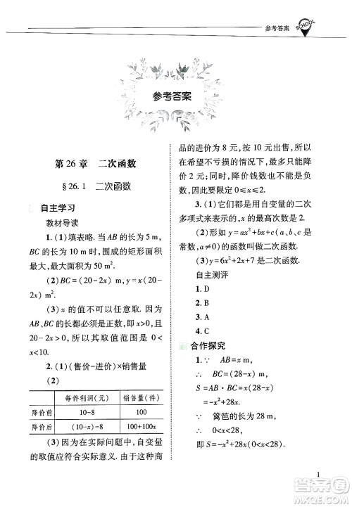 山西教育出版社2025年春新课程问题解决导学方案九年级数学下册华师版答案