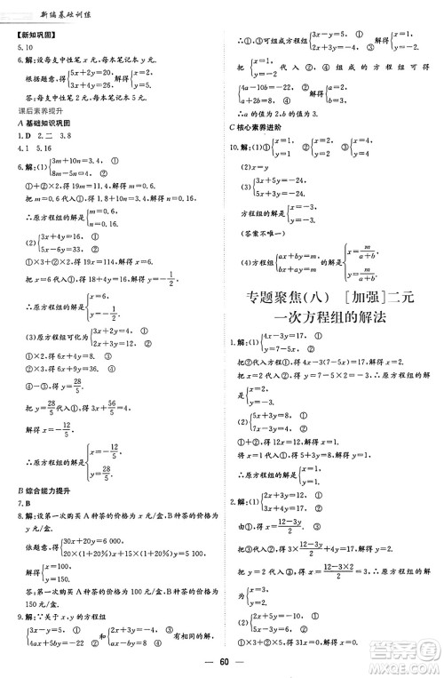 安徽教育出版社2025年春新编基础训练七年级数学下册人教版答案 安徽教育出版社2025年春新编基础训练七年级数学下册人教版答案