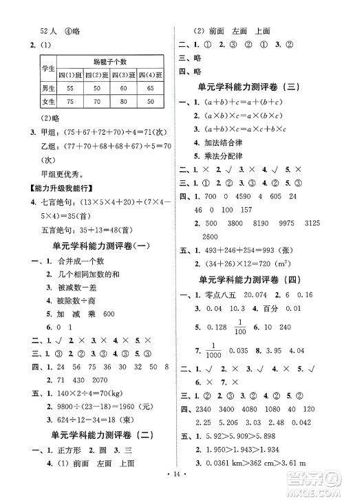 人民教育出版社2025年春能力培养与测试四年级数学下册人教版湖南专版答案