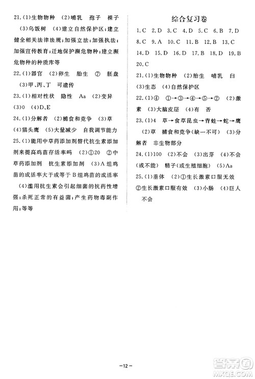 江西人民出版社2025年春一课一练创新练习八年级生物下册冀少版答案 江西人民出版社2025年春一课一练创新练习八年级生物下册冀少版答案