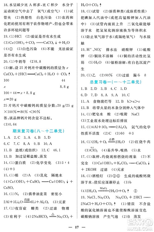 江西人民出版社2025年春一课一练创新练习九年级化学下册人教版答案