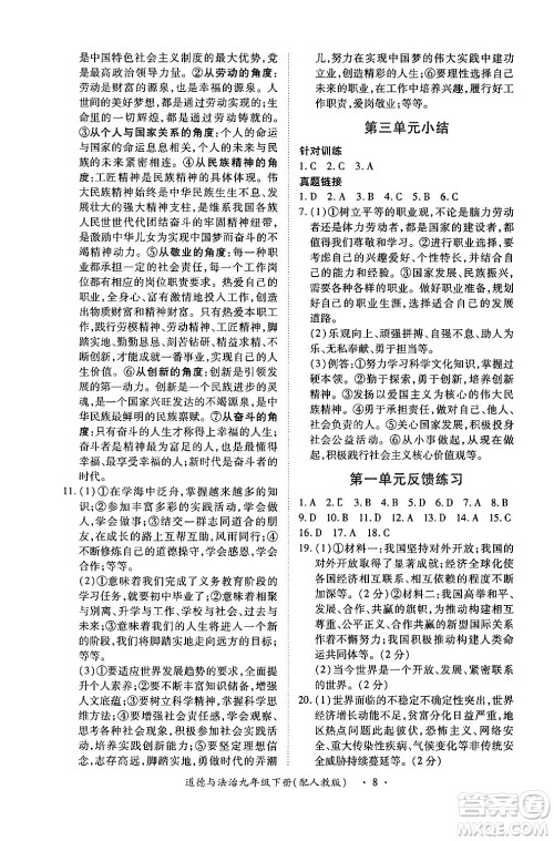 江西人民出版社2025年春一课一练创新练习九年级道德与法治下册人教版答案