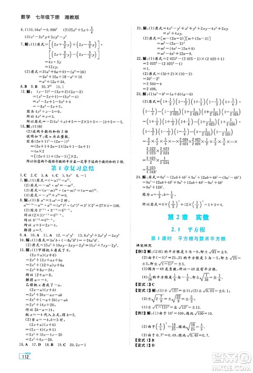 湖南教育出版社2025年春学法大视野七年级数学下册湘教版答案