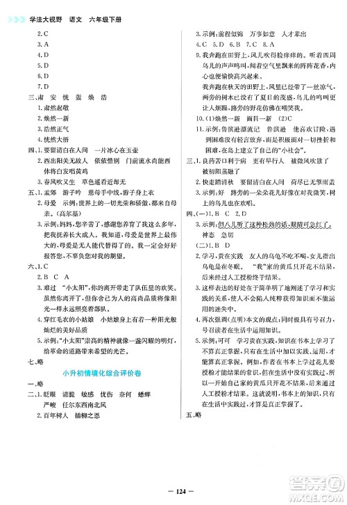 湖南教育出版社2025年春学法大视野六年级语文下册人教版答案