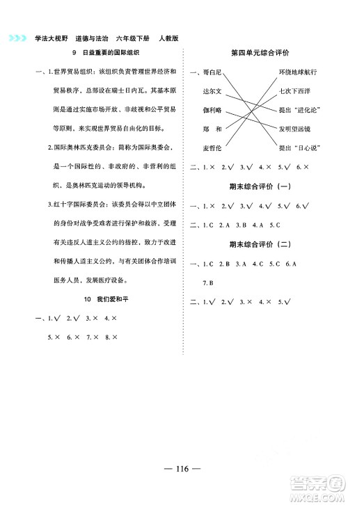 湖南教育出版社2025年春学法大视野六年级道德与法治下册人教版答案 湖南教育出版社2025年春学法大视野六年级道德与法治下册人教版答案
