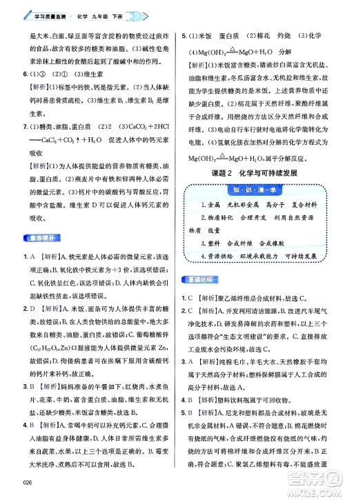 天津教育出版社2025年春学习质量监测九年级化学下册人教版答案