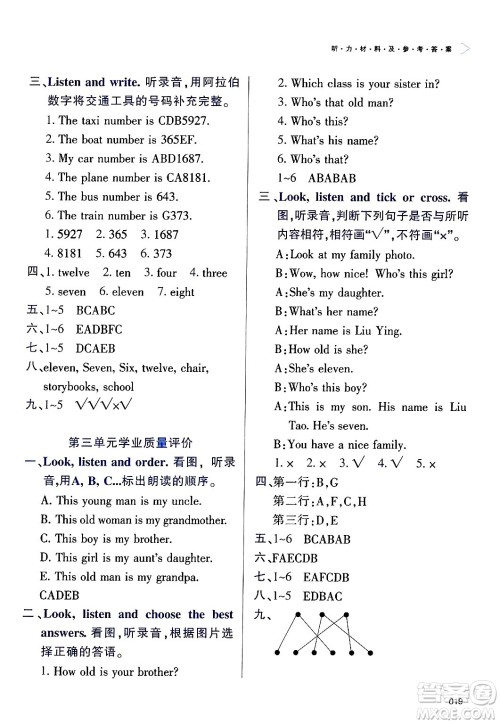 天津教育出版社2025年春学习质量监测三年级英语下册人教版答案