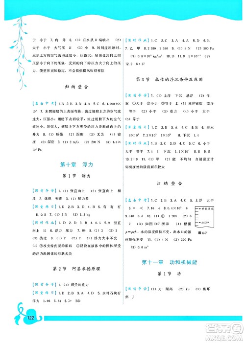 福建人民出版社2025年春顶尖课课练八年级物理下册人教版答案