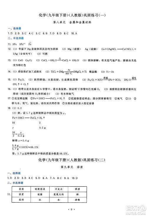 福建人民出版社2025年春顶尖课课练九年级化学下册人教版答案