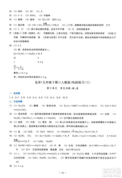 福建人民出版社2025年春顶尖课课练九年级化学下册人教版答案