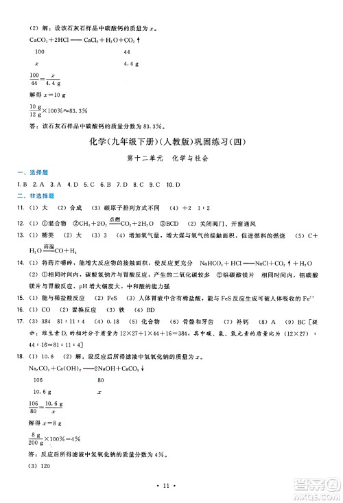 福建人民出版社2025年春顶尖课课练九年级化学下册人教版答案