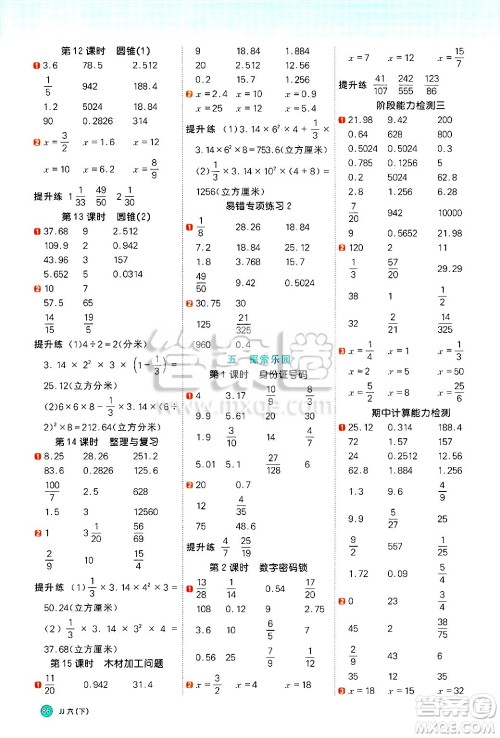 江西教育出版社2025年春阳光同学计算小达人六年级数学下册冀教版答案