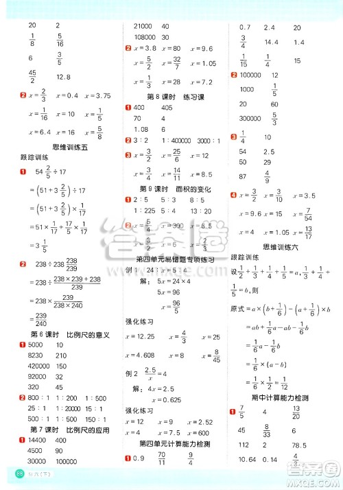江西教育出版社2025年春阳光同学计算小达人六年级数学下册苏教版山西专版答案